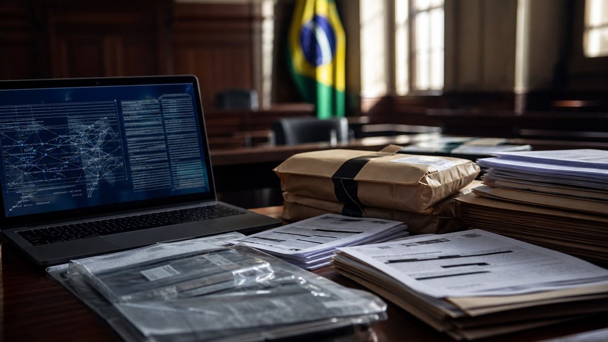 Documentos de investigação e bandeira do Brasil em ambiente institucional.
