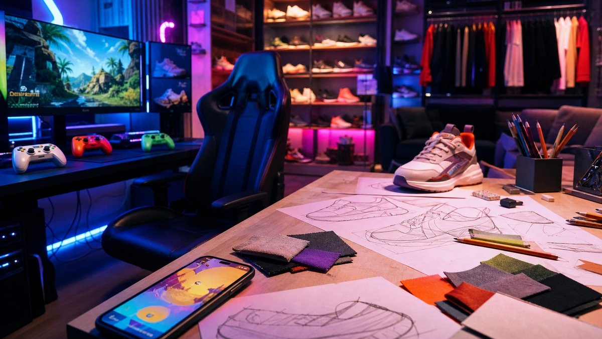 Mesa de criação com videogame, controles e esboços de tênis em ambiente editorial neon.