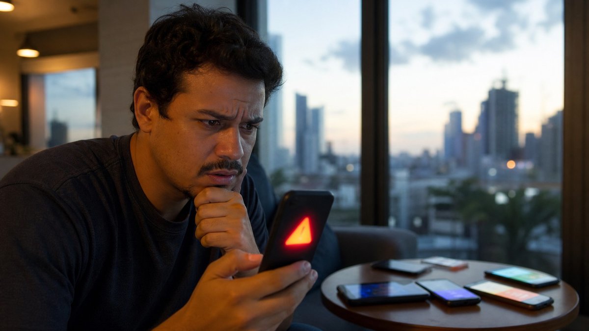 Pessoa assustada olhando alerta sonoro em celular dentro de apartamento urbano.