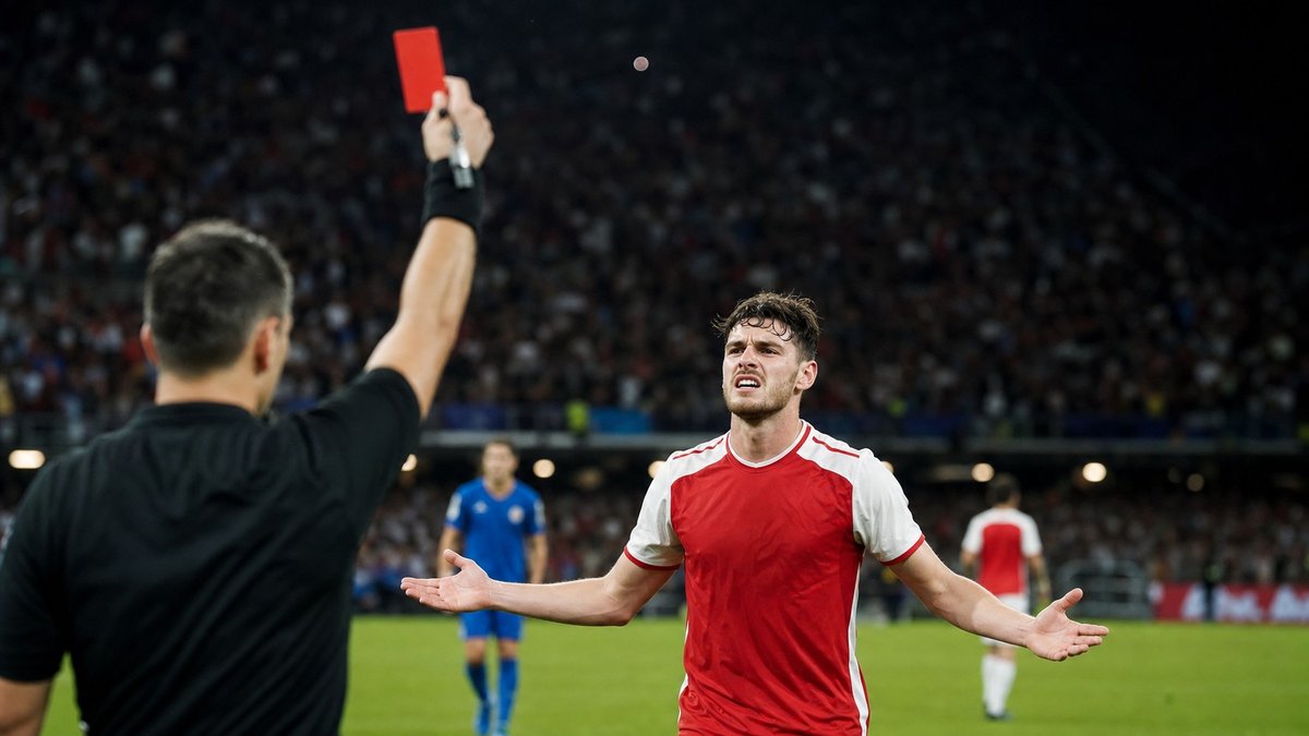 Jogador de futebol frustrado em campo após cartão vermelho durante partida noturna.
