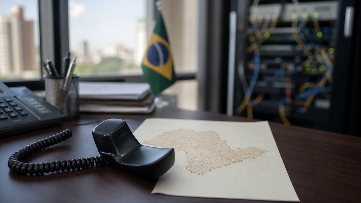 Telefone fixo sobre mesa com mapa do estado de São Paulo ao fundo.