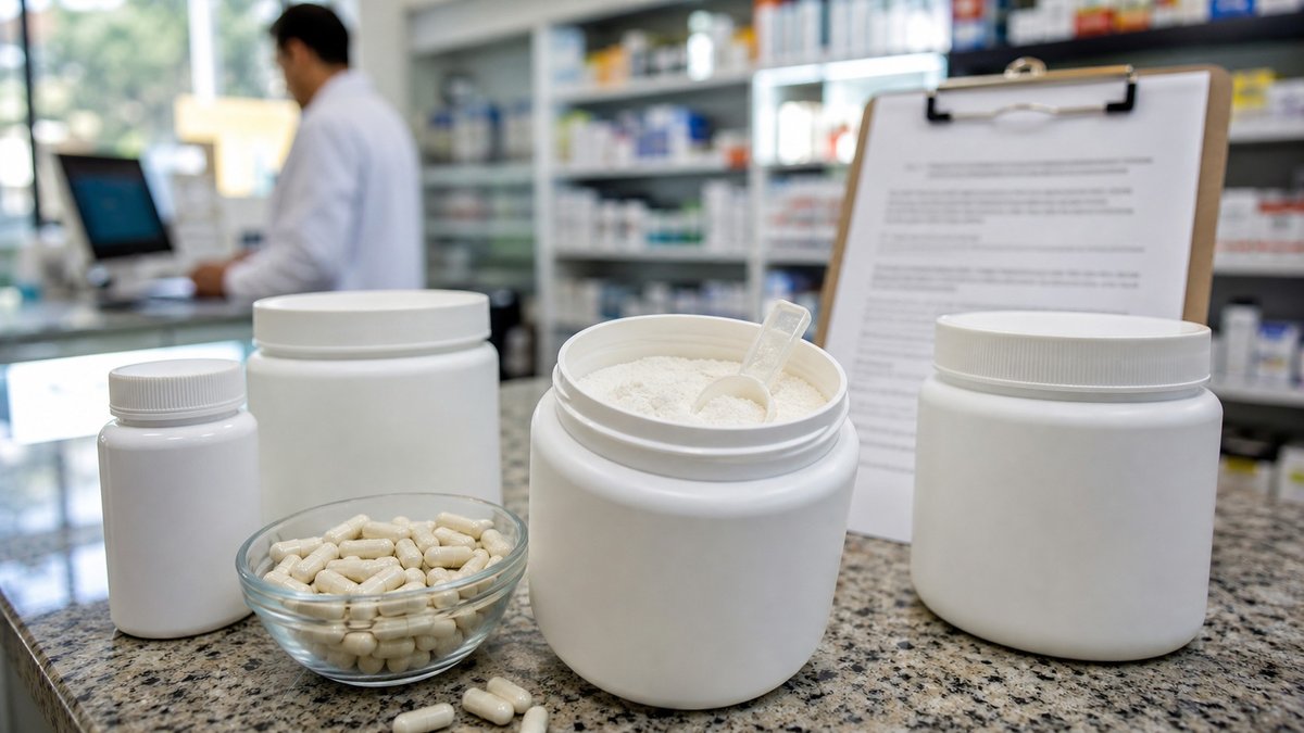 Potes genéricos de suplementos em balcão de farmácia, representando alerta sanitário da Anvisa.
