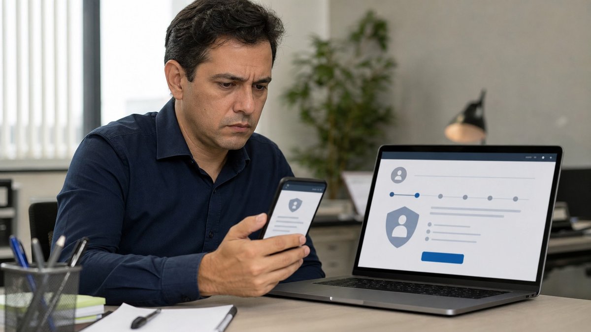 Pessoa olhando celular e notebook com interface genérica de bloqueio de apostas online.