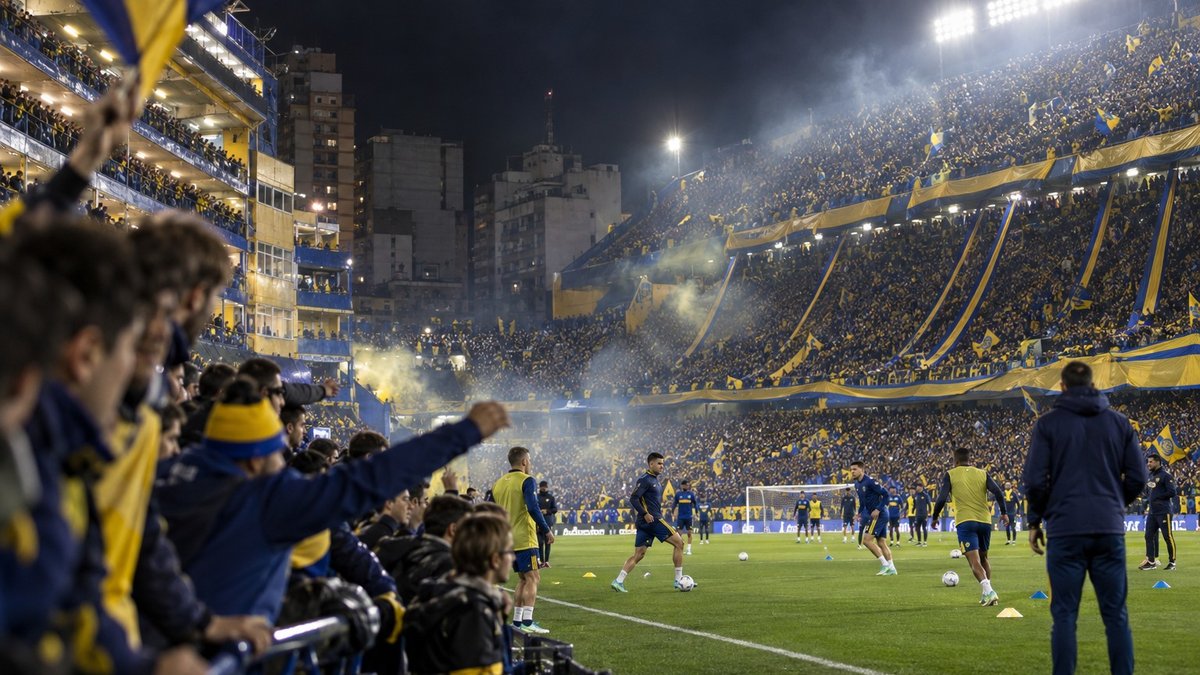 Torcedores e jogadores em noite de futebol na Bombonera antes de Boca Juniors x Unión.