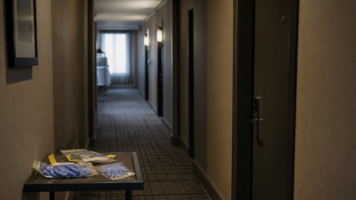 Corredor de hotel com clima investigativo e itens médicos sobre uma mesa, representando caso de procedimento estético ilegal.