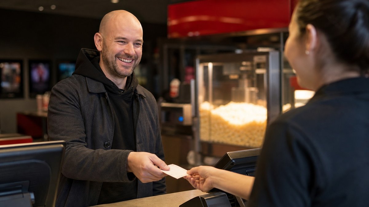 Homem calvo recebendo ingresso em uma bilheteria de cinema, com balcão de pipoca ao fundo.