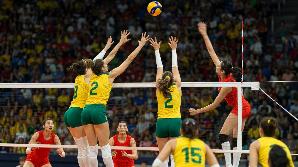 Jogadoras de vôlei feminino disputam ponto em quadra internacional, em clima de jogo decisivo.