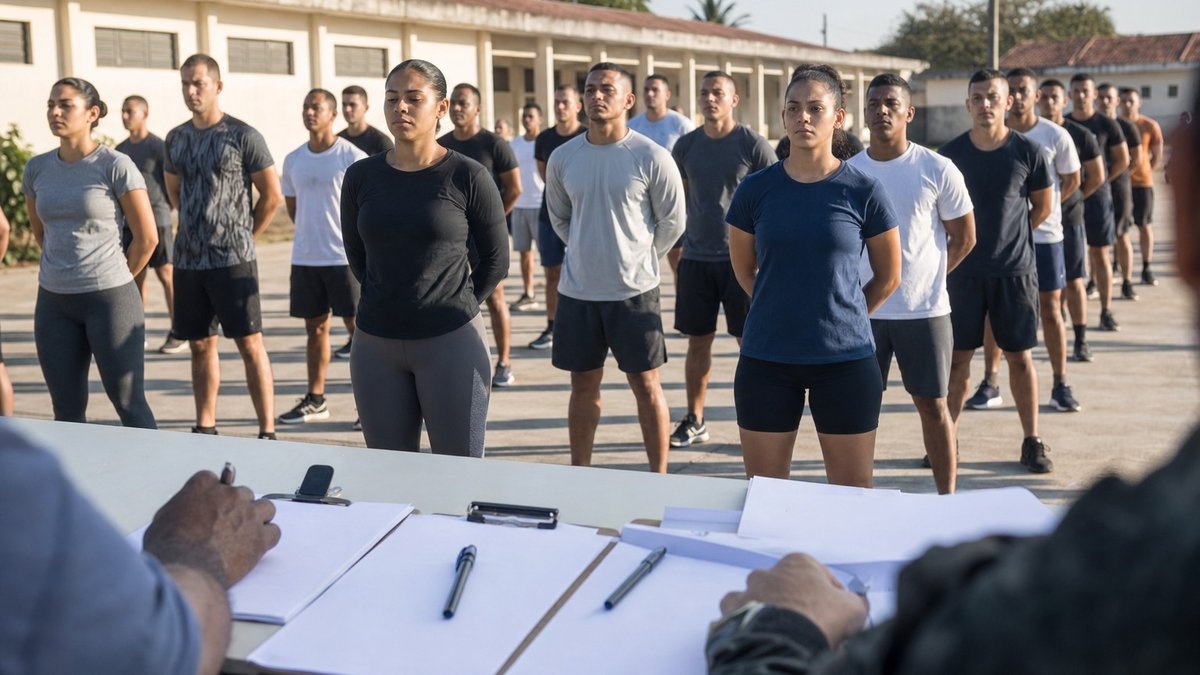 Candidatos em ambiente de treinamento policial durante preparação para concurso público.