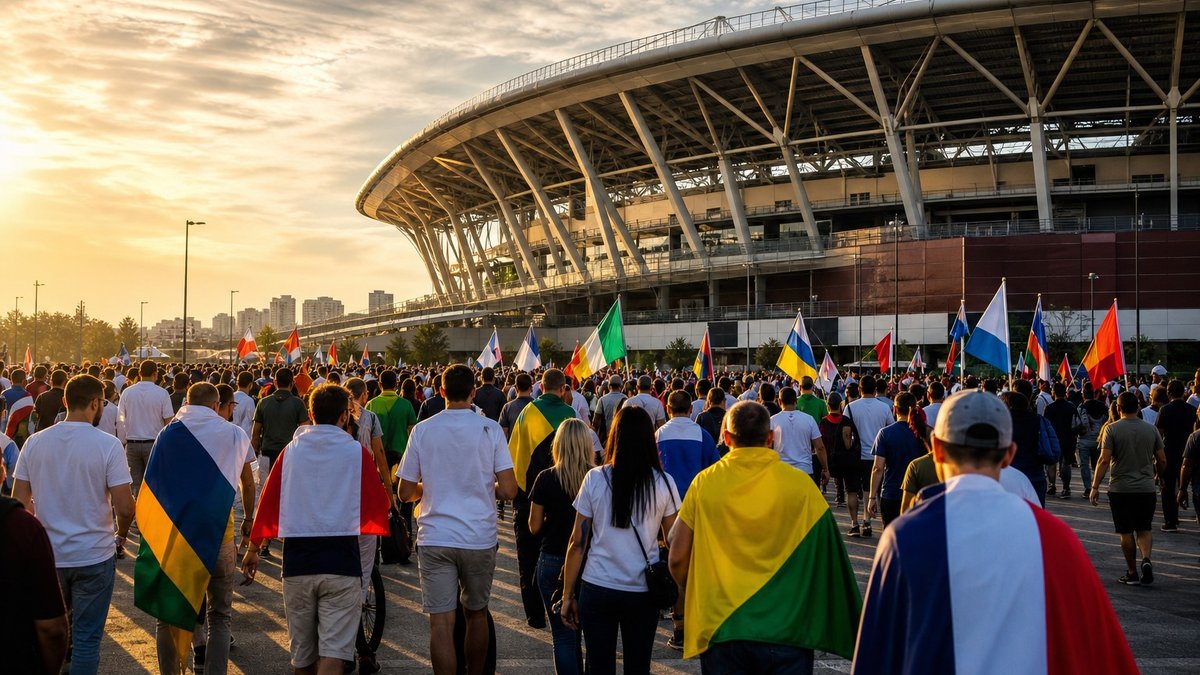 Torcedores chegam a estádio moderno em dia de jogo da Copa do Mundo.