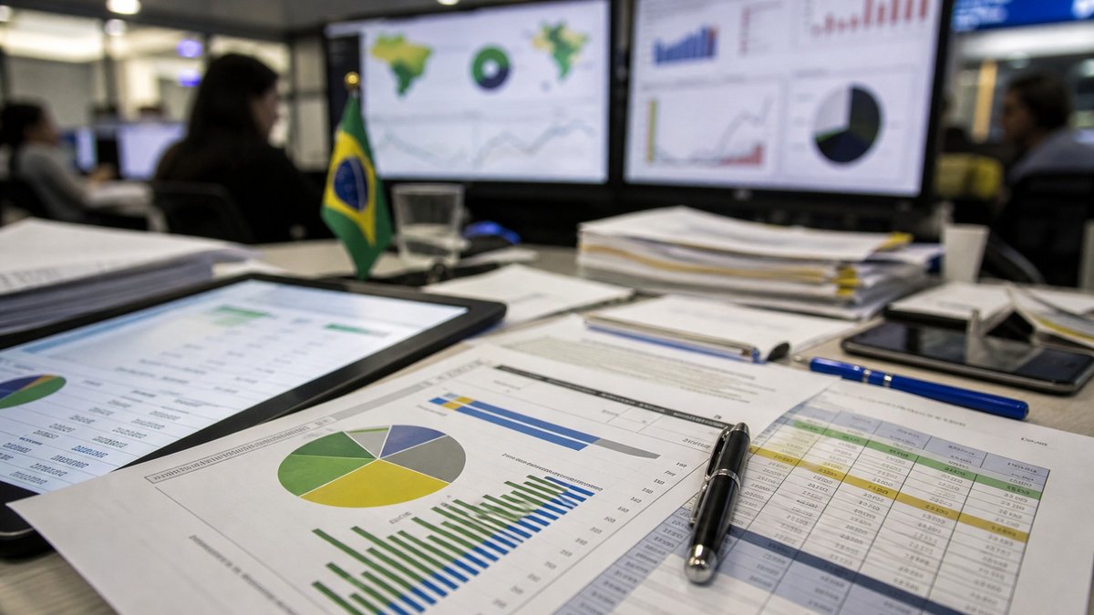 Mesa de redação com gráficos eleitorais desfocados em monitores e clima de apuração política.