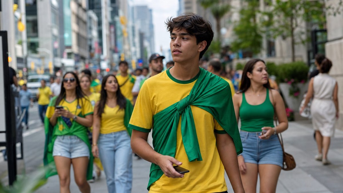 Adolescente brasileiro em rua de Nova York segurando celular enquanto torcedores celebram futebol ao fundo.