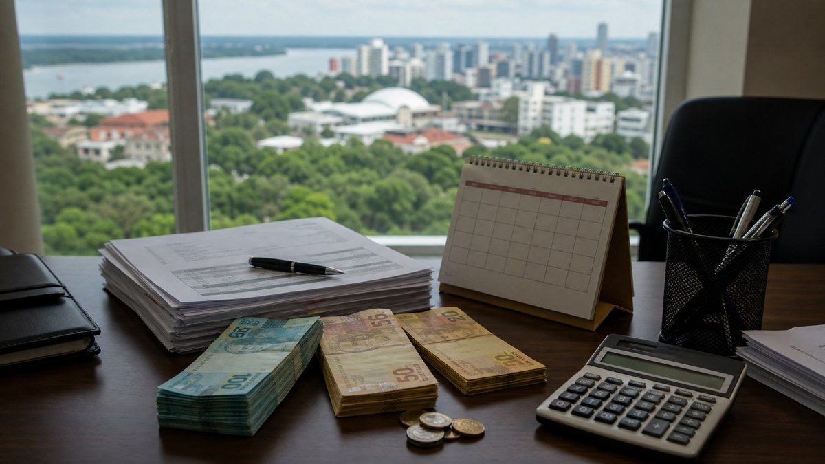 Mesa de escritório com dinheiro, calendário de julho e referência visual ao Amazonas.
