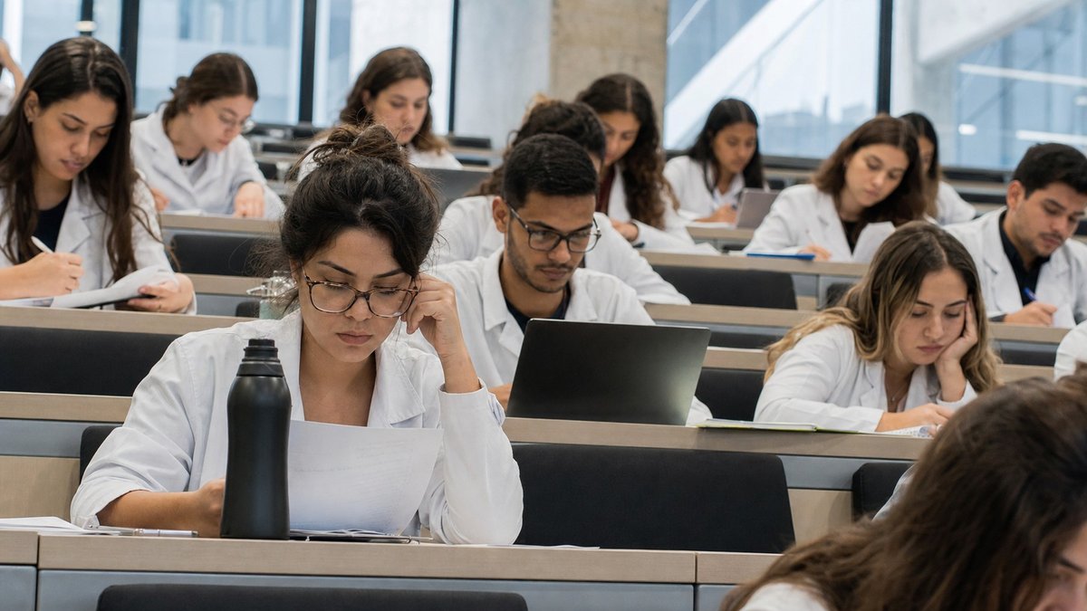 Estudantes de medicina em sala de aula com pranchetas e jalecos, em imagem editorial sem texto.