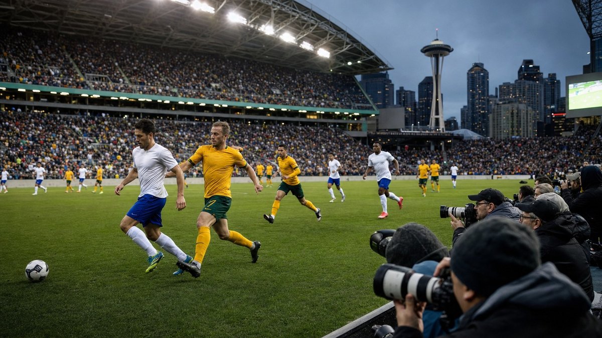 Jogo internacional de futebol em estádio moderno com torcida e fotógrafos à beira do campo.