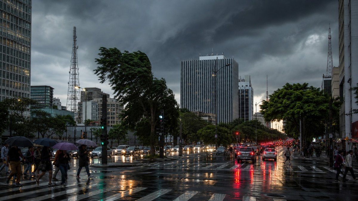 Avenida de São Paulo sob nuvens escuras antes da chegada de chuva e vento.