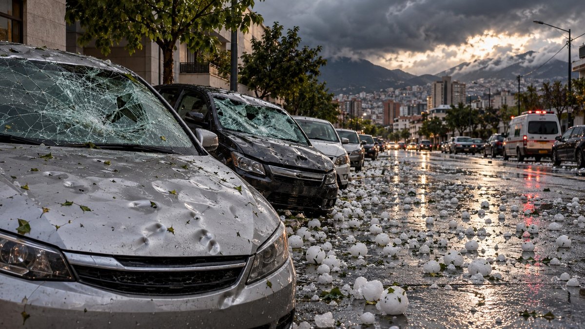 Rua urbana durante tempestade com granizo acumulado e carros danificados ao fundo.