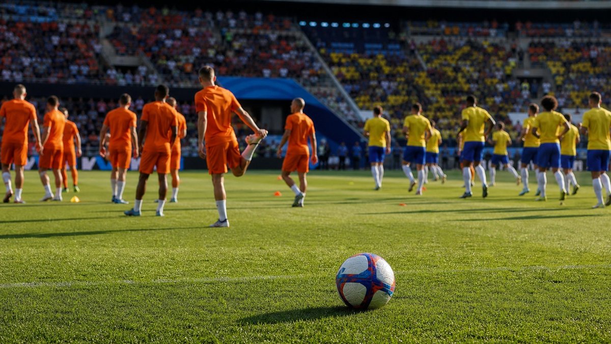 Jogadores de futebol em estádio antes de partida decisiva entre equipes europeias na Copa.