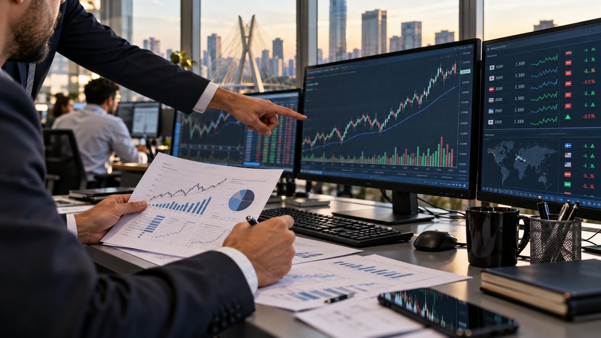 Painel financeiro com gráficos de Bolsa e câmbio em uma mesa de análise.