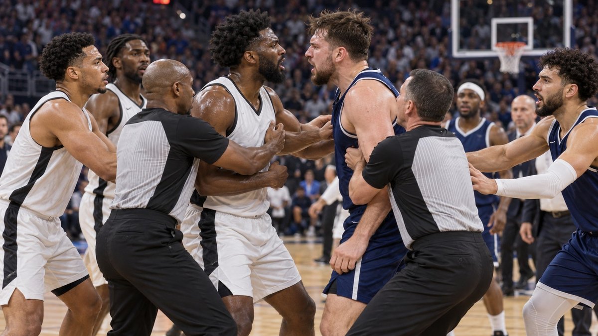 Quadra de basquete profissional com jogadores separados por árbitros em clima tenso.