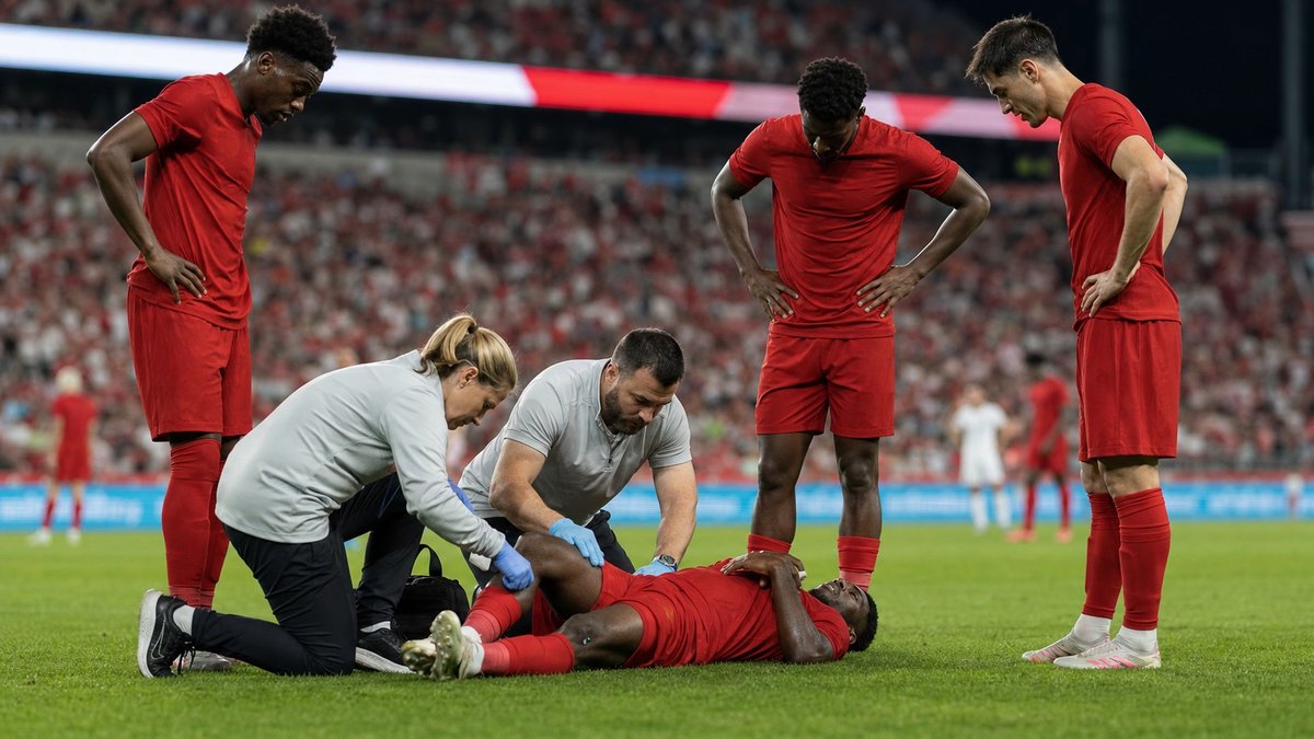 Jogador canadense atendido por equipe médica no gramado durante partida de futebol.