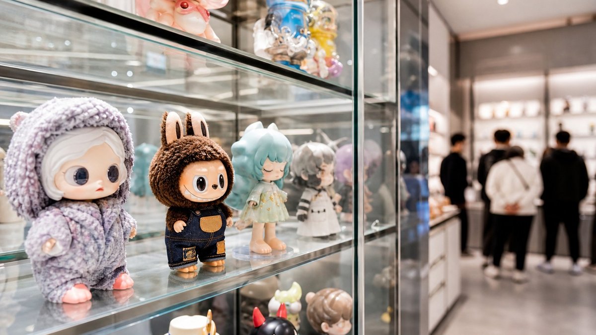 Bonecos colecionáveis coloridos em vitrine de loja moderna