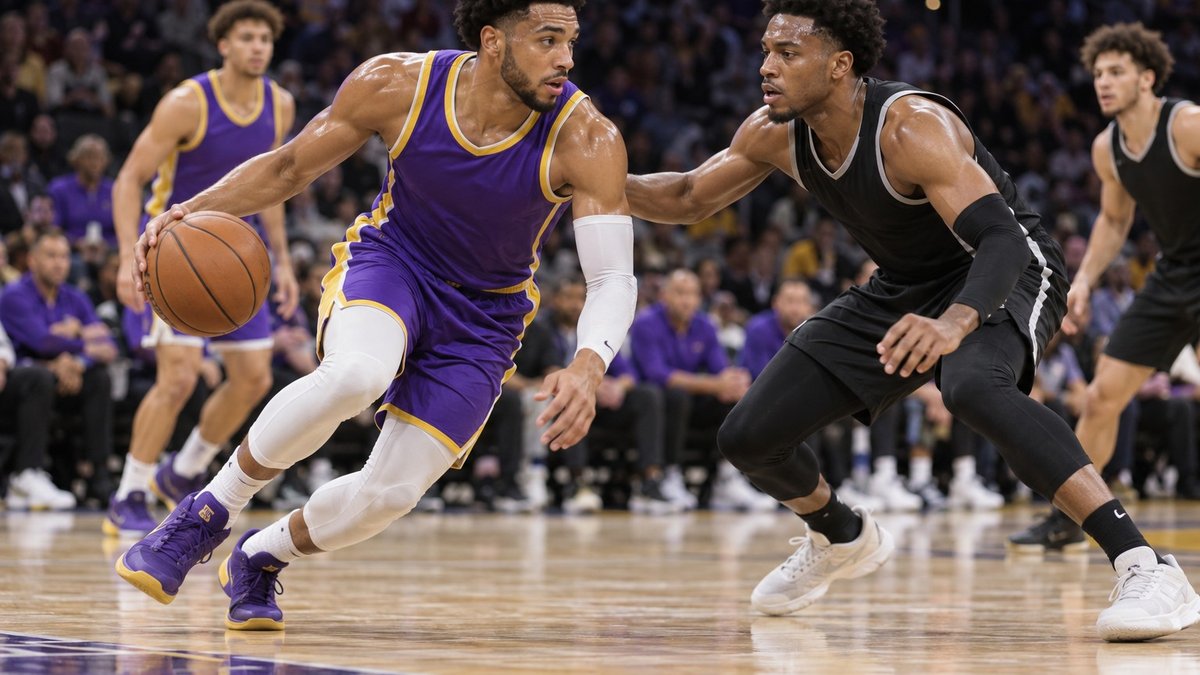 Jogador de basquete em quadra iluminada durante partida de pré-temporada, com banco ao fundo.