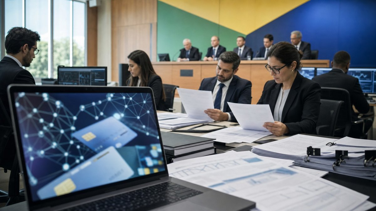 Mesa de análise financeira com documentos e tela abstrata de transações, representando fiscalização de bets ilegais.