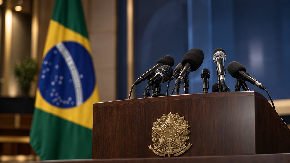 Microfones em sala de imprensa diante de bandeira do Brasil desfocada, em clima de cobertura política.