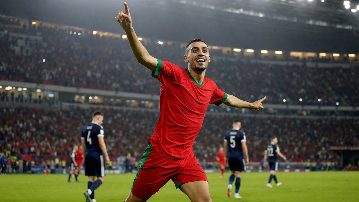 Jogador de futebol de Marrocos comemorando em estádio lotado após gol em partida da Copa.