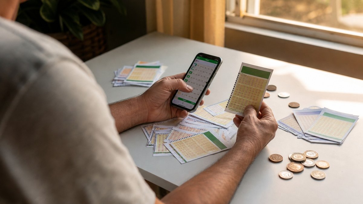 Volante da Mega-Sena sobre mesa com bilhetes de loteria e moedas, sem números legíveis.