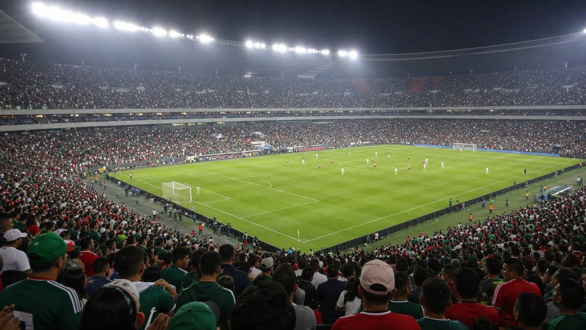Estádio de futebol lotado à noite durante jogo internacional da Copa.