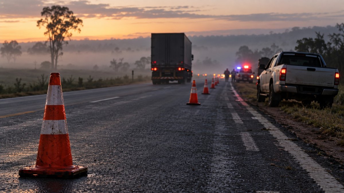 Rodovia brasileira com viatura e caminhão ao fundo após acidente, sem mostrar vítimas