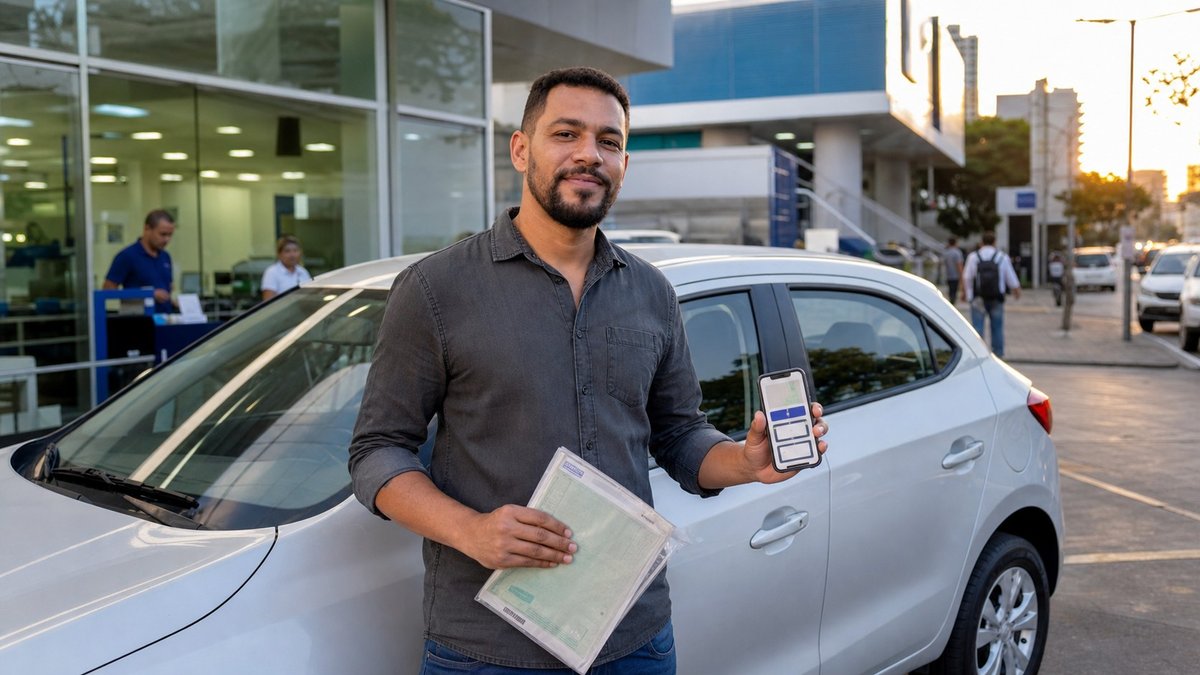 Motorista de aplicativo ao lado de carro novo com documentos de financiamento.