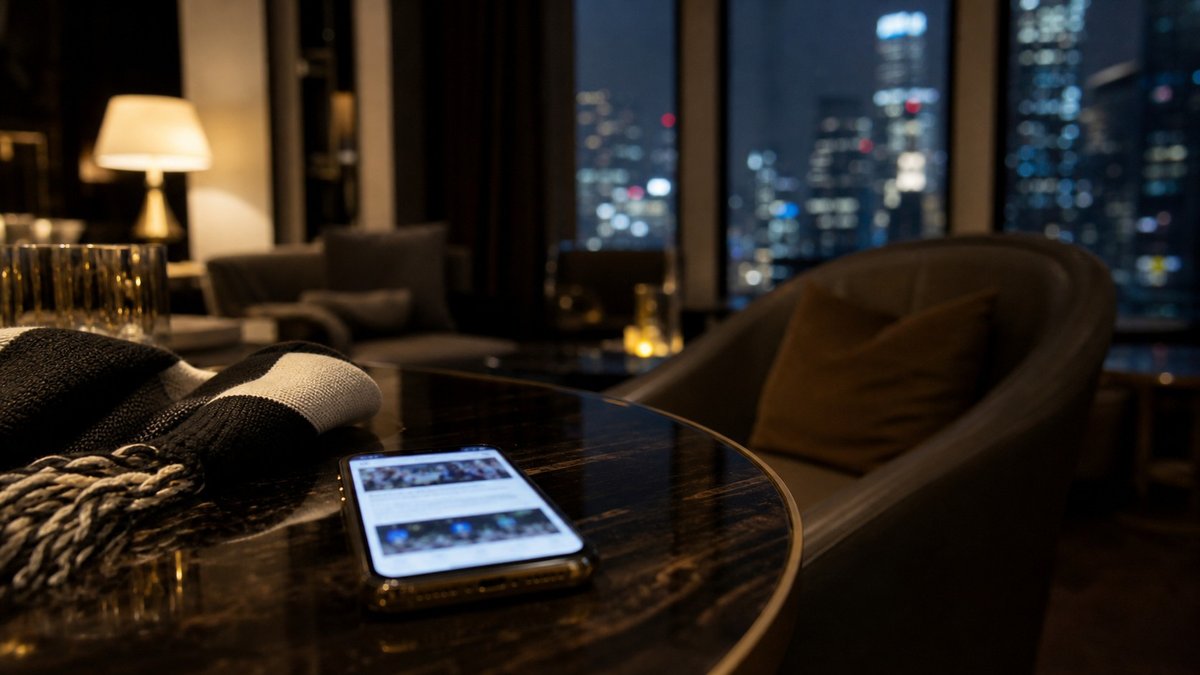 Cena editorial de bastidor em hotel de Nova York durante cobertura de futebol, com celular e luz urbana.
