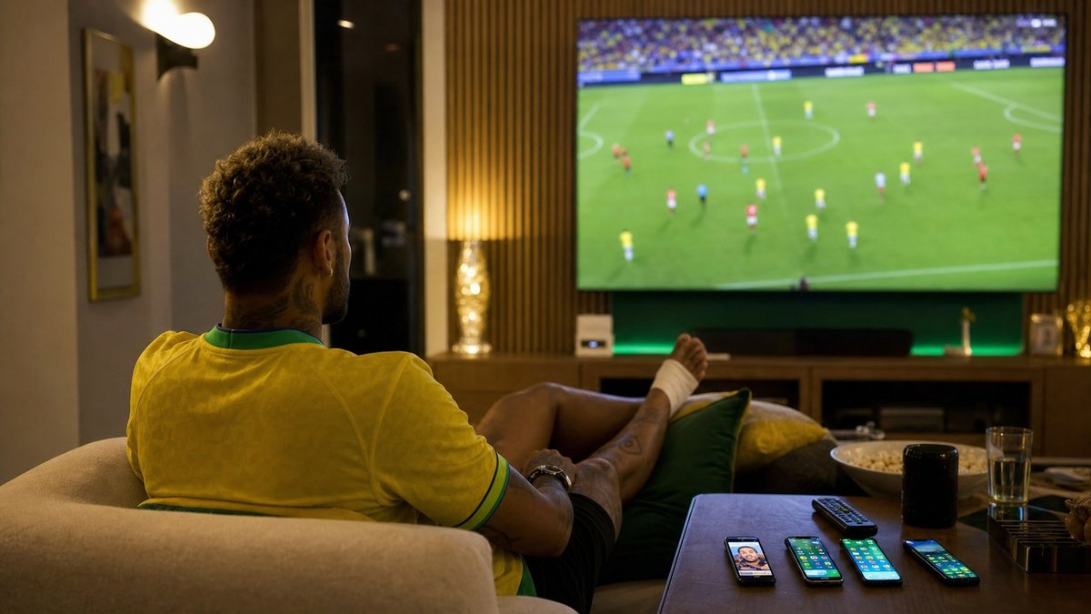 Torcedor brasileiro acompanha jogo da Seleção pela televisão em casa, em clima de Copa do Mundo.