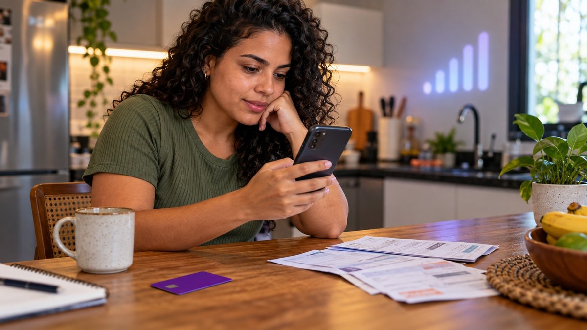 Pessoa comparando plano de celular no smartphone com cartão roxo sobre a mesa