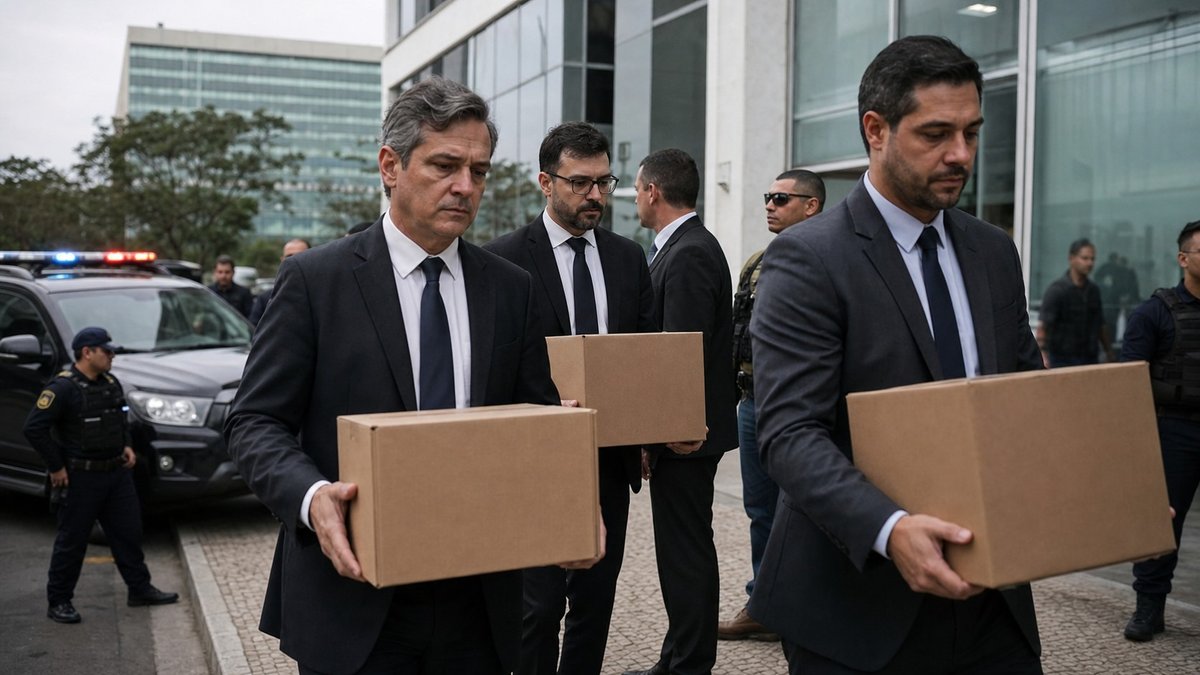 Agentes carregam caixas de documentos durante operação sobre descontos em folha no Distrito Federal.