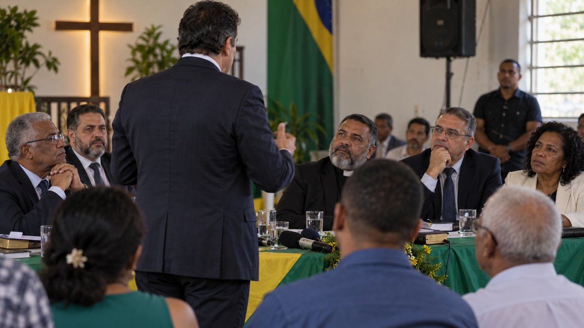 Deputado em ambiente político conversando com lideranças religiosas em clima de campanha eleitoral.