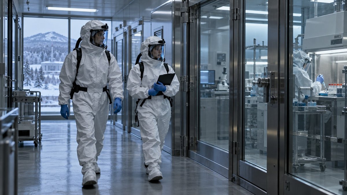Equipe de biossegurança em corredor de laboratório de pesquisa na Sibéria.