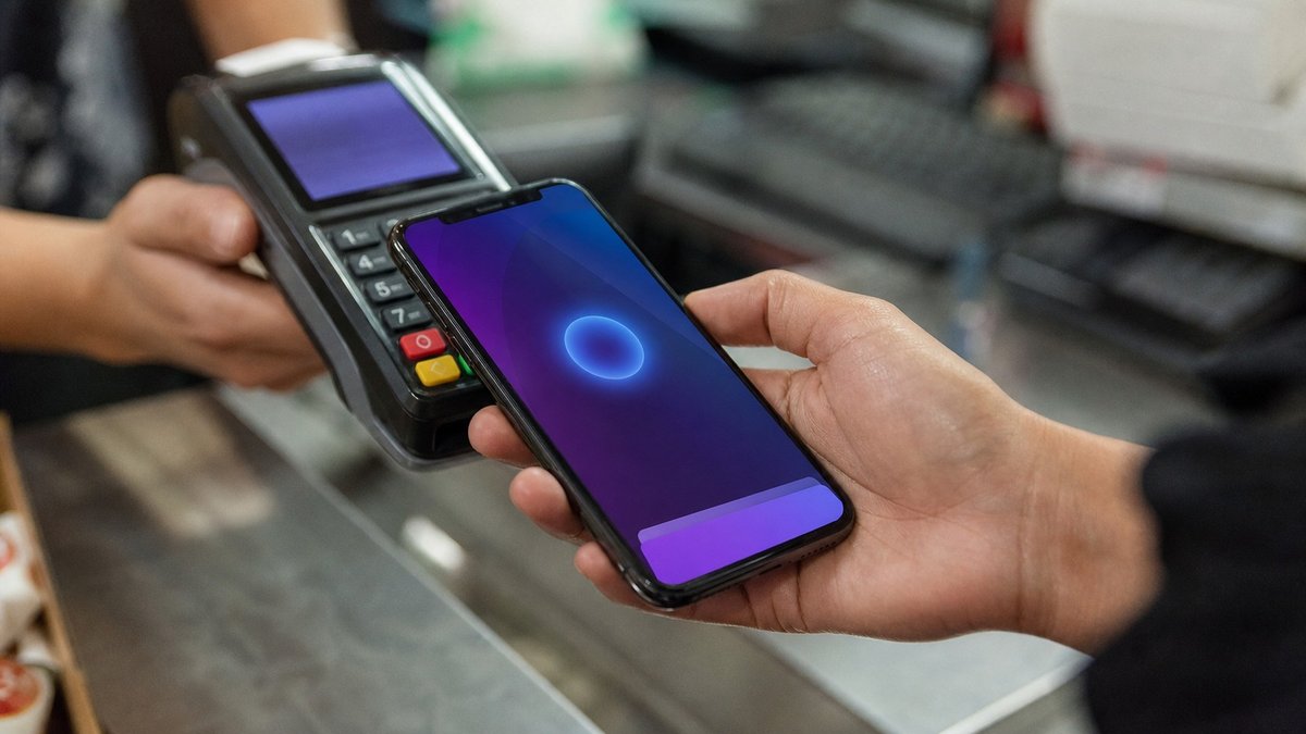 Pessoa aproximando celular de uma maquininha de pagamento em um balcão de loja.