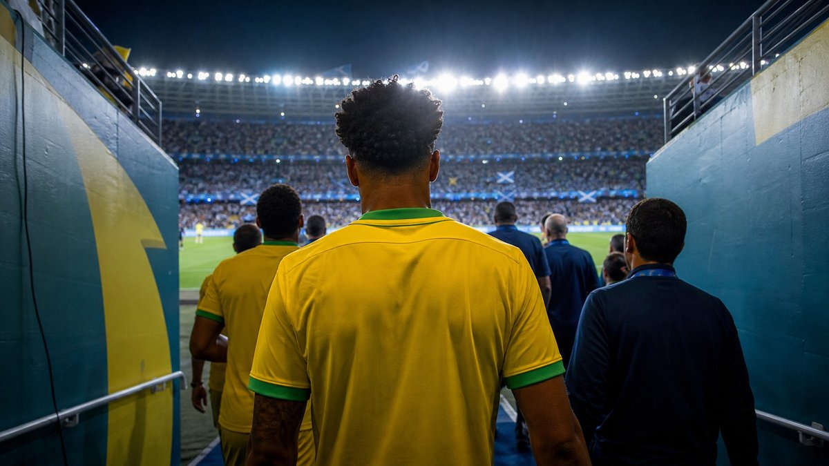 Jogador da Seleção Brasileira entrando em estádio antes de jogo decisivo da Copa do Mundo.