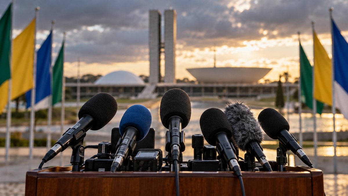Microfones em uma coletiva política com bandeiras desfocadas ao fundo.