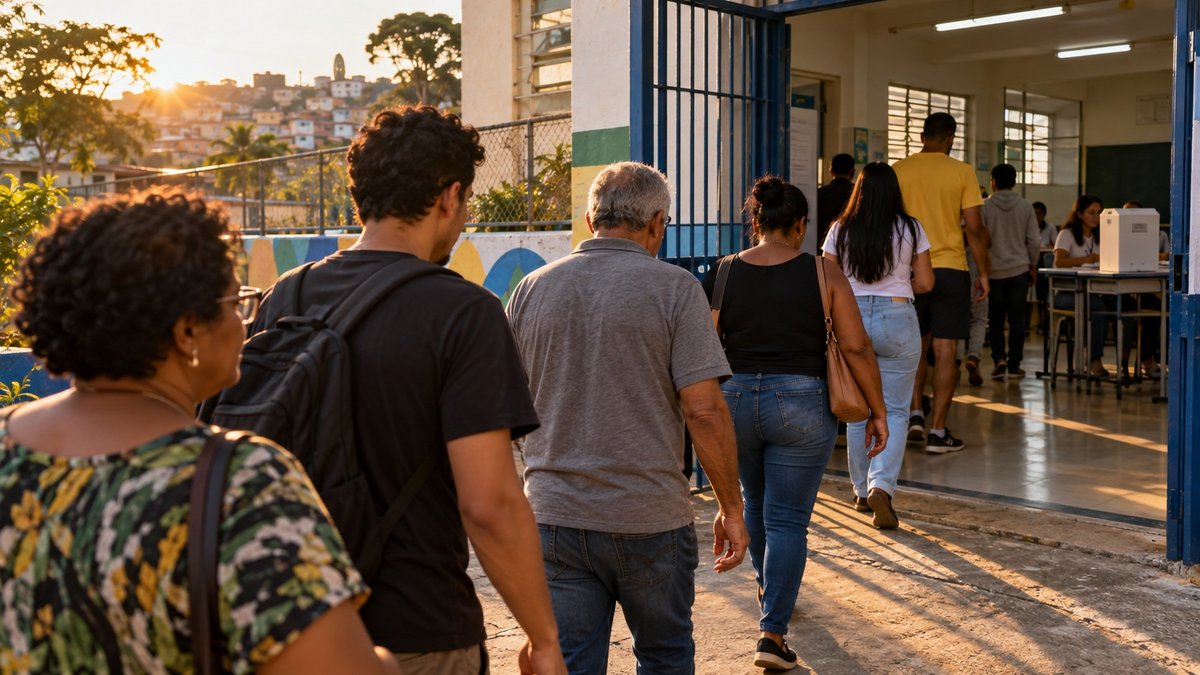 Eleitores chegando a uma seção eleitoral brasileira no fim da tarde.