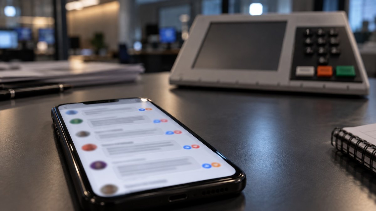 Celular com comentários em rede social ao lado de uma urna eleitoral desfocada, sem pessoas identificáveis.