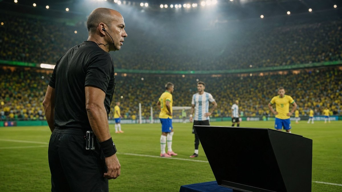 Árbitro de vídeo analisando impedimento em jogo de futebol com estádio lotado ao fundo.
