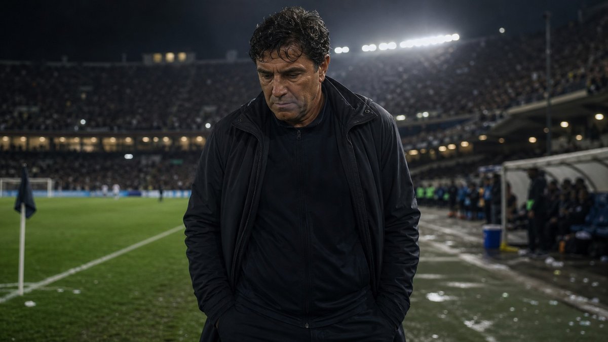 Técnico de futebol à beira do gramado em noite de estádio, com torcedores ao fundo.