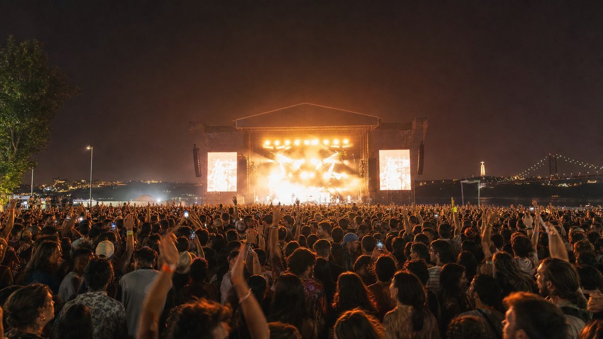 Público em festival de música ao ar livre à noite com palco iluminado em Lisboa.
