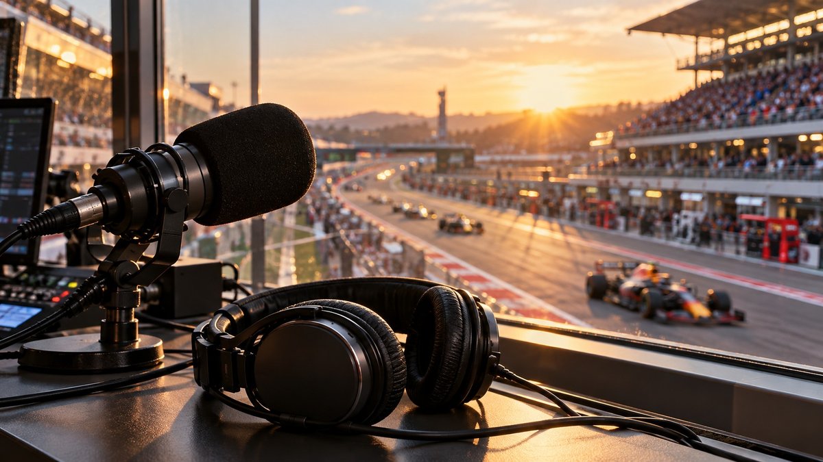 Cabine de transmissão esportiva em autódromo com microfone e pista ao fundo.