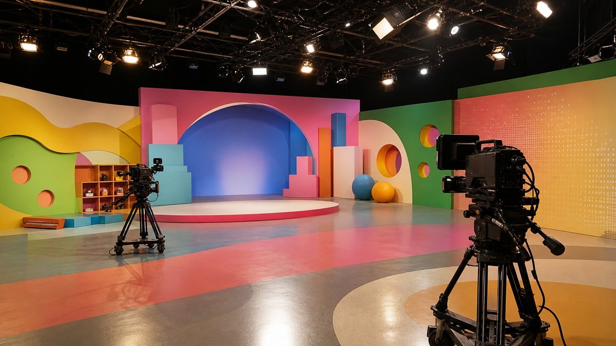 Estúdio de programa infantil de televisão com câmeras, luzes coloridas e cenário lúdico vazio.