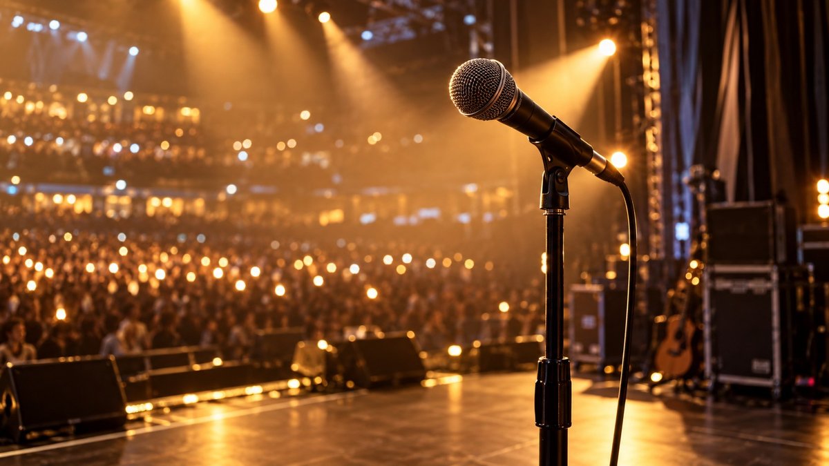 Microfone em palco iluminado com referência visual sutil a bastidores de show sertanejo.